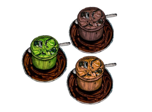 Hand-painted illustration of three iced beverages: a green matcha latte, a dark mocha, and a coffee latte, each on a saucer with a spoon.